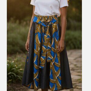 Vintage African Print Bananas Tropical Tie Front Full A Line Maxi Skirt One Size